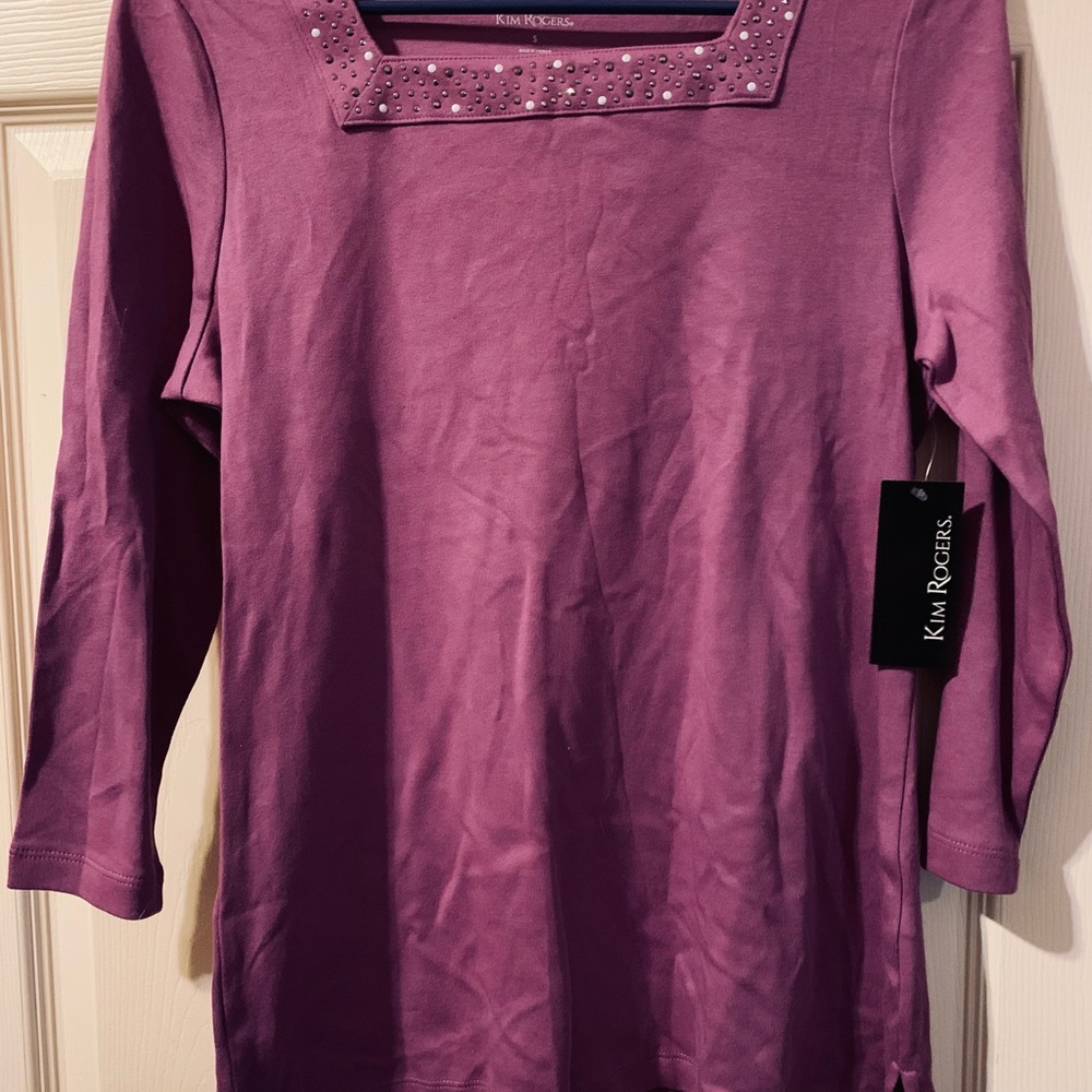 Kim Rogers 3/4 Sleeve Square neck top with embellishments. Size small NWT